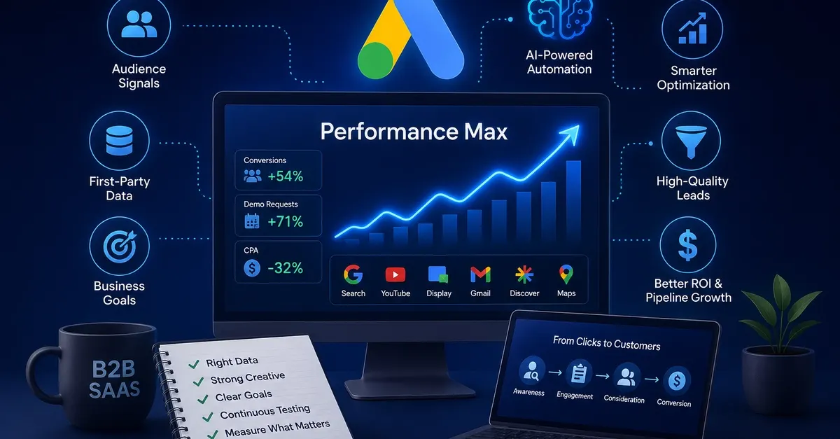 B2B SaaS Lead Generation </figure>


<p>Artificial intelligence has fundamentally reshaped digital advertising, yet automation by itself is not a strategy. For <strong>B2B SaaS</strong> companies, success still hinges on clear business objectives, high-quality data, compelling creatives, and disciplined execution. This is exactly where <strong>Google Ads</strong> Performance Max (PMax) delivers value: it handles the undifferentiated heavy lifting of campaign management while leaving strategic oversight firmly in the hands of the marketer.</p>

<p>Although Performance Max first gained attention among e-commerce brands, it has quietly become one of the most effective tools for <strong>Lead Generation</strong> in the SaaS world. Companies use it to book product demos, drive free-trial signups, distribute gated content, and improve pipeline quality across Google's entire inventory. The real question isn't whether AI should run campaigns. It's how marketers can delegate responsibly while maintaining control over budget, messaging, and outcomes.</p>

<h3>Performance Max Isn't Just for Retailers</h3>



<p>The reality is that modern B2B SaaS companies are already using Performance Max to:</p>
<ul>
<li>Generate high-quality demo requests from decision-makers</li>
<li>Increase free-trial conversions across target accounts</li>
<li>Distribute case studies and whitepapers through gated content</li>
<li>Build brand awareness among buying committees and stakeholders</li>
<li>Lower cost per acquisition while improving lead quality</li>
</ul>

<p>Rather than managing separate Search, Display, Shopping, Video, and Discovery campaigns, Performance Max consolidates distribution across Google's network, including YouTube, Gmail, Search, Maps, and the Display Network. This allows SaaS marketers to focus on strategy while AI optimizes delivery in real time.</p>

<h2>How Performance Max Works for B2B SaaS</h2>

<p>Performance Max operates on a simple but powerful principle: you feed it assets, data, and objectives, and Google's AI determines the most efficient way to reach your audience across every available touchpoint. For B2B SaaS, this means:</p>

<ul>
<li><strong>Asset-based targeting:</strong> You upload headlines, descriptions, images, and videos. The system tests combinations across channels.</li>
<li><strong>Audience signals:</strong> You define your Ideal Customer Profile (ICP) using first-party data, custom segments, and affinity audiences.</li>
<li><strong>Conversion tracking:</strong> Clear conversion actions feed back into the system, allowing AI to optimize toward demo bookings, trial signups, or content downloads.</li>
<li><strong>Cross-channel reach:</strong> Campaigns run across Search, YouTube, Gmail, Display, Maps, and Discover, ensuring consistent exposure throughout the buyer journey.</li>
</ul>

<p>This level of automation is especially valuable for SaaS companies managing multiple product lines or targeting different buyer personas. Instead of building and maintaining dozens of manual campaigns, you can scale lead generation with a single well-structured Performance Max campaign per objective.</p>

<h3>Integrating Performance Max With Marketing Automation</h3>

<p>Performance Max doesn't operate in isolation. To maximize ROI, it should be part of a broader <strong>Marketing Automation</strong> stack. When a lead converts through a Performance Max campaign, that data should flow directly into your CRM or marketing automation platform, triggering follow-up sequences, lead scoring, and nurturing workflows.</p>

<p>Tools like HubSpot, Marketo, and ActiveCampaign integrate seamlessly with Google Ads, allowing you to:</p>

<ul>
<li>Sync conversion data back to Google for continuous optimization</li>
<li>Trigger automated email sequences based on campaign engagement</li>
<li>Score leads based on the specific assets they interacted with</li>
<li>Measure pipeline impact beyond the initial click</li>
</ul>

<p>This integration ensures that every dollar spent on Performance Max contributes to long-term customer value, not just one-time conversions.</p>

<h2>Overcoming the Biggest Challenges</h2>

<p>Despite its advantages, Performance Max presents unique challenges for B2B SaaS marketers. The most common pitfalls stem from treating it like a 